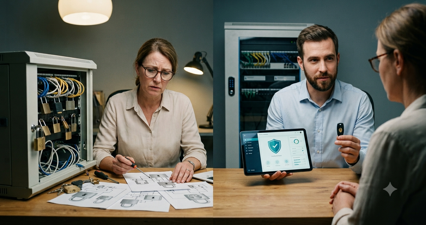 A split-screen comparison: on the left, a stressed woman tries to manually secure server cables with physical padlocks; on the right, a professional cybersecurity consultant calmly presents a digital security dashboard on a tablet.