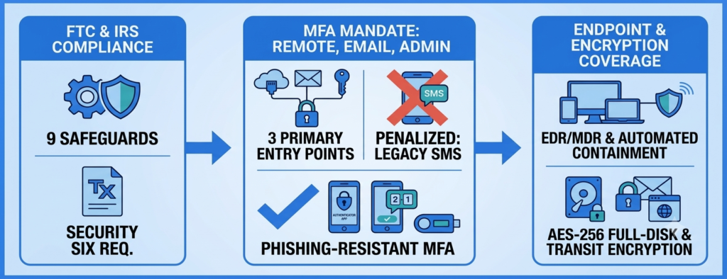 How Much Does Cyber Insurance Cost for Accounting Firms? Diagram of required cyber insurance controls: FTC compliance, MFA, and endpoint encryption