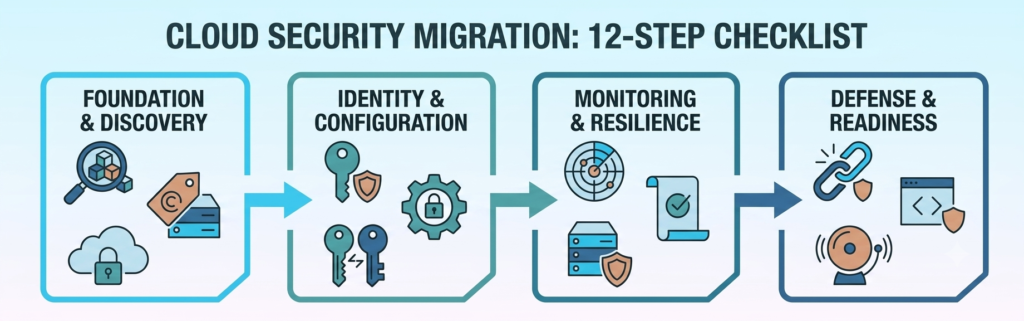 12-Step Cloud Security Checklist for Small Business Migration 12-step cloud security migration checklist grouped into four phases