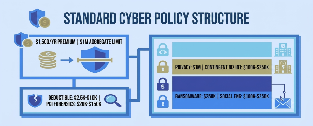 Cyber Insurance for Online Sellers: Is $1,500 a Year Worth It? Diagram of $1,500 cyber insurance policy structure showing limits, deductibles, and sub-limits