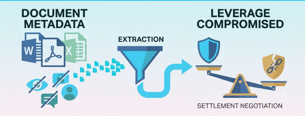 9 Cyber Risks Law Firms Miss (Even When Fully Compliant) Diagram showing document metadata extraction leading to compromised settlement leverage