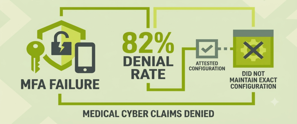 5 Cyber Insurance Gaps Medical Practices Miss in 2026 82% of denied medical cyber claims involve MFA configuration that didn't match attestation