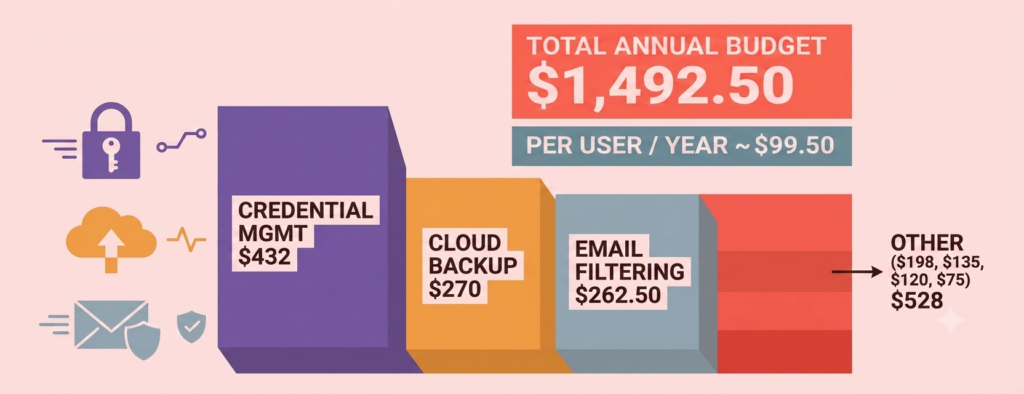 Nonprofit Cybersecurity Under $1,500/Year: 7 Solutions for 2026 Nonprofit cybersecurity budget breakdown totaling $1,492.50 per year for 15 users