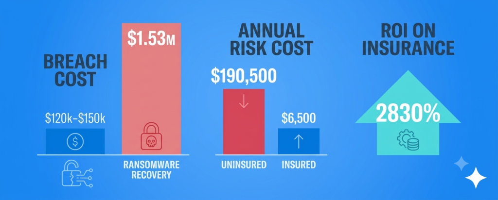 Cyber Insurance for Online Sellers: Is $1,500 a Year Worth It? Cyber insurance for online sellers ROI chart: breach cost, insured vs uninsured risk, 2830% return