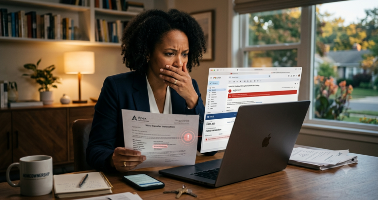 Real Estate Wire Fraud Is a Cyberattack — Here's How It Works A distressed woman looking at her laptop and fraudulent closing documents, symbolizing the moment a real estate wire fraud cyberattack is discovered.