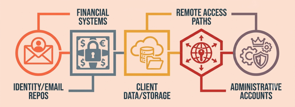 Best Cybersecurity Tools for Small Businesses With No IT Team — 7 Picks Diagram of the small business attack surface covered by the right cybersecurity tools for small businesses: email, financial systems, data, access, admin accounts