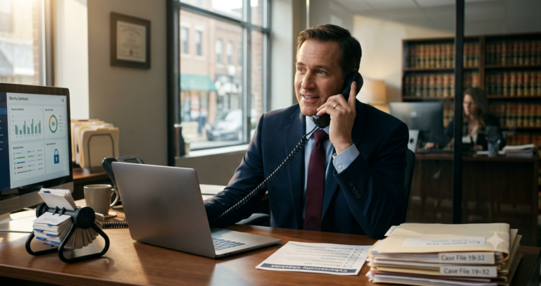 Small Law Firm Cyber Insurance: 7 Ways to Lower Your Premiums A small law firm attorney discussing cybersecurity checklist with insurance agent over the phone to lower premiums.