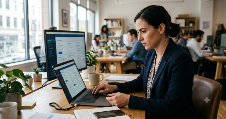 7 Best Password Managers for Small Businesses 2026 A focused business woman in a blazer working on a laptop while holding a physical security key in a modern co-working space.