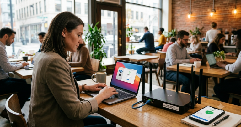 7 Business WiFi Security Tools to Stop Small Business Breaches A focused businesswoman working on a laptop at a café table next to a multi-antenna Wi-Fi router and a smartphone displaying a security checkmark, symbolizing small business Wi-Fi security.