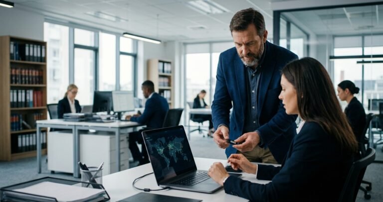 A senior male lawyer in a blue suit stands beside a female colleague, pointing to a secure login screen on a laptop in a modern law firm office. He hands her a small, secure USB security key, illustrating the implementation of two-factor authentication (2FA) for data protection.