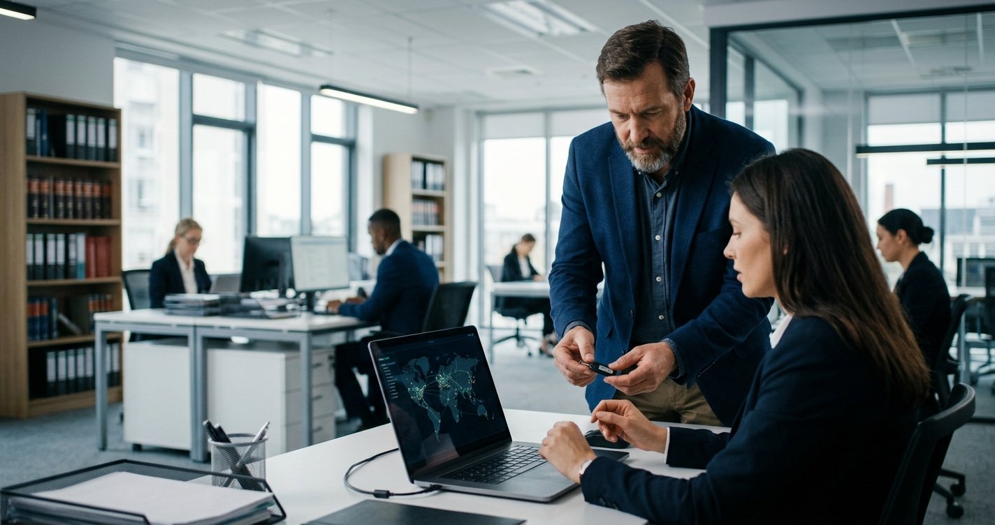 A senior male lawyer in a blue suit stands beside a female colleague, pointing to a secure login screen on a laptop in a modern law firm office. He hands her a small, secure USB security key, illustrating the implementation of two-factor authentication (2FA) for data protection.