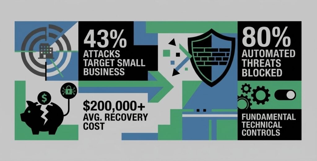 No IT Staff? How Small Businesses Lock Out Hackers in 7 Steps small business cybersecurity checklist- 43% of cyberattacks target small businesses; $200K+ average recovery cost stats