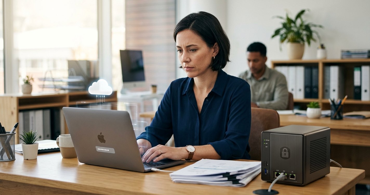 Small business woman contrasting a cloud security icon and physical server.