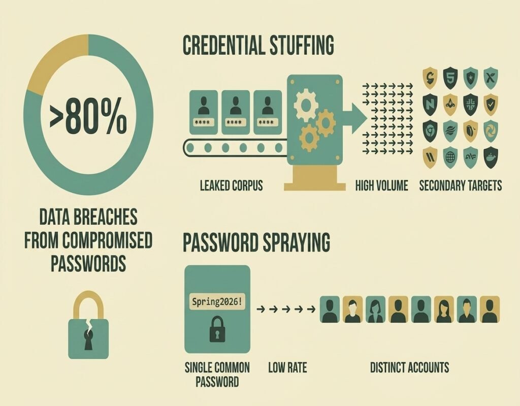 How Password Managers Stop Reused-Password Breaches for Small Businesses password manager for small business -Diagram of credential stuffing and password spraying attacks using leaked passwords