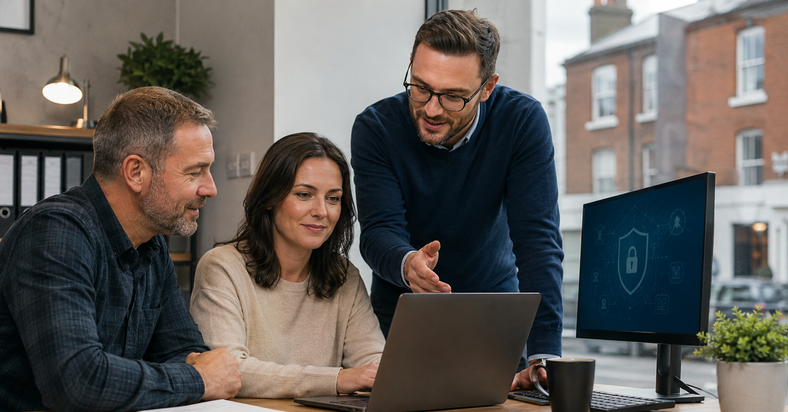 Cybersecurity consultant helping two UK small business owners review security on a laptop in a modern office.