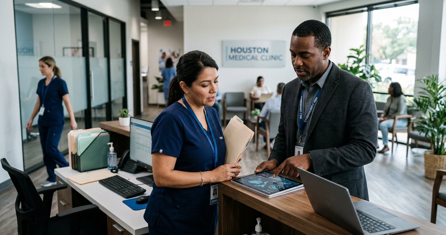An IT consultant showing data on a tablet to a medical administrator at a "Houston Medical Clinic" reception desk.
