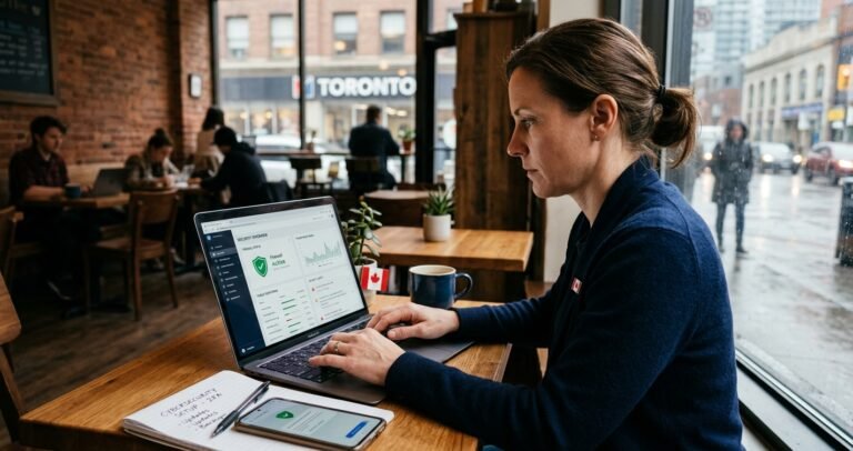Cyber Security for Small Business With No IT Team in Canada A woman in a dark blue sweater sits at a wooden table in a busy Toronto cafe, looking focused as she types on a laptop. The screen displays a green shield and security analytics. A small Canadian flag and a mug are beside the laptop. Outside the window, a sign reads "TORONTO." In the foreground, a smartphone shows a lock icon, and a notepad has "CYBERSECURITY SETUP - 2FA" handwritten on it.