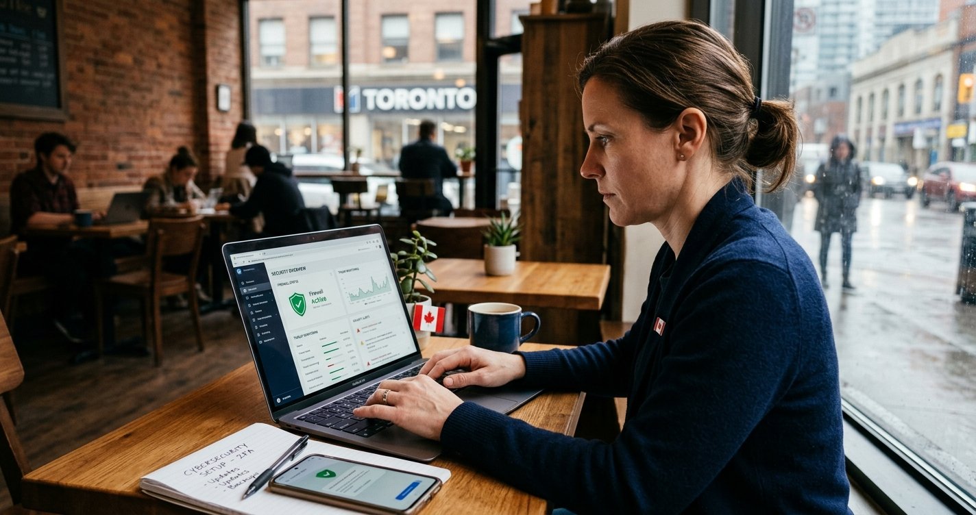 Cyber Security for Small Business With No IT Team in Canada A woman in a dark blue sweater sits at a wooden table in a busy Toronto cafe, looking focused as she types on a laptop. The screen displays a green shield and security analytics. A small Canadian flag and a mug are beside the laptop. Outside the window, a sign reads "TORONTO." In the foreground, a smartphone shows a lock icon, and a notepad has "CYBERSECURITY SETUP - 2FA" handwritten on it.