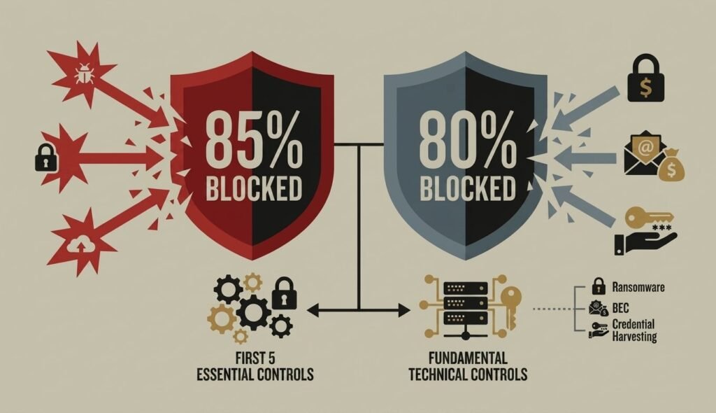 No IT Staff? How Small Businesses Lock Out Hackers in 7 Steps Comparison chart: essential security controls block 85%, technical controls block 80% of attacks