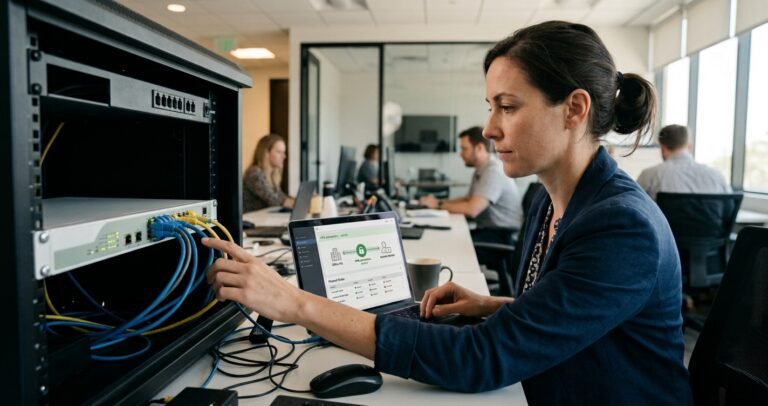 Firewall or VPN: Which Does Your Small Business Actually Need? An IT specialist works on an unbranded hardware firewall in an open office, gesturing toward an unbranded security dashboard on her laptop to illustrate a small business's network security choices.