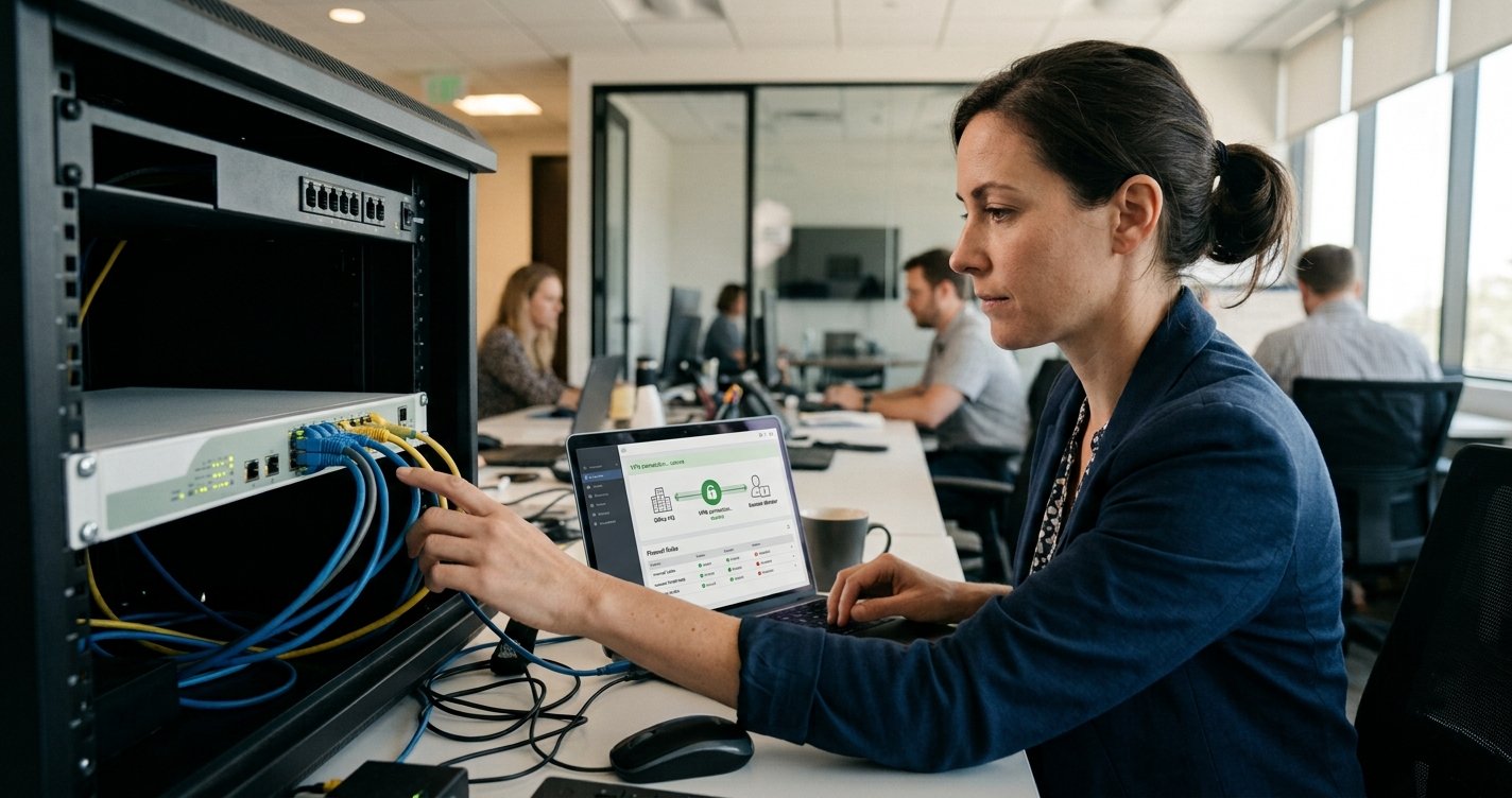 An IT specialist works on an unbranded hardware firewall in an open office, gesturing toward an unbranded security dashboard on her laptop to illustrate a small business's network security choices.