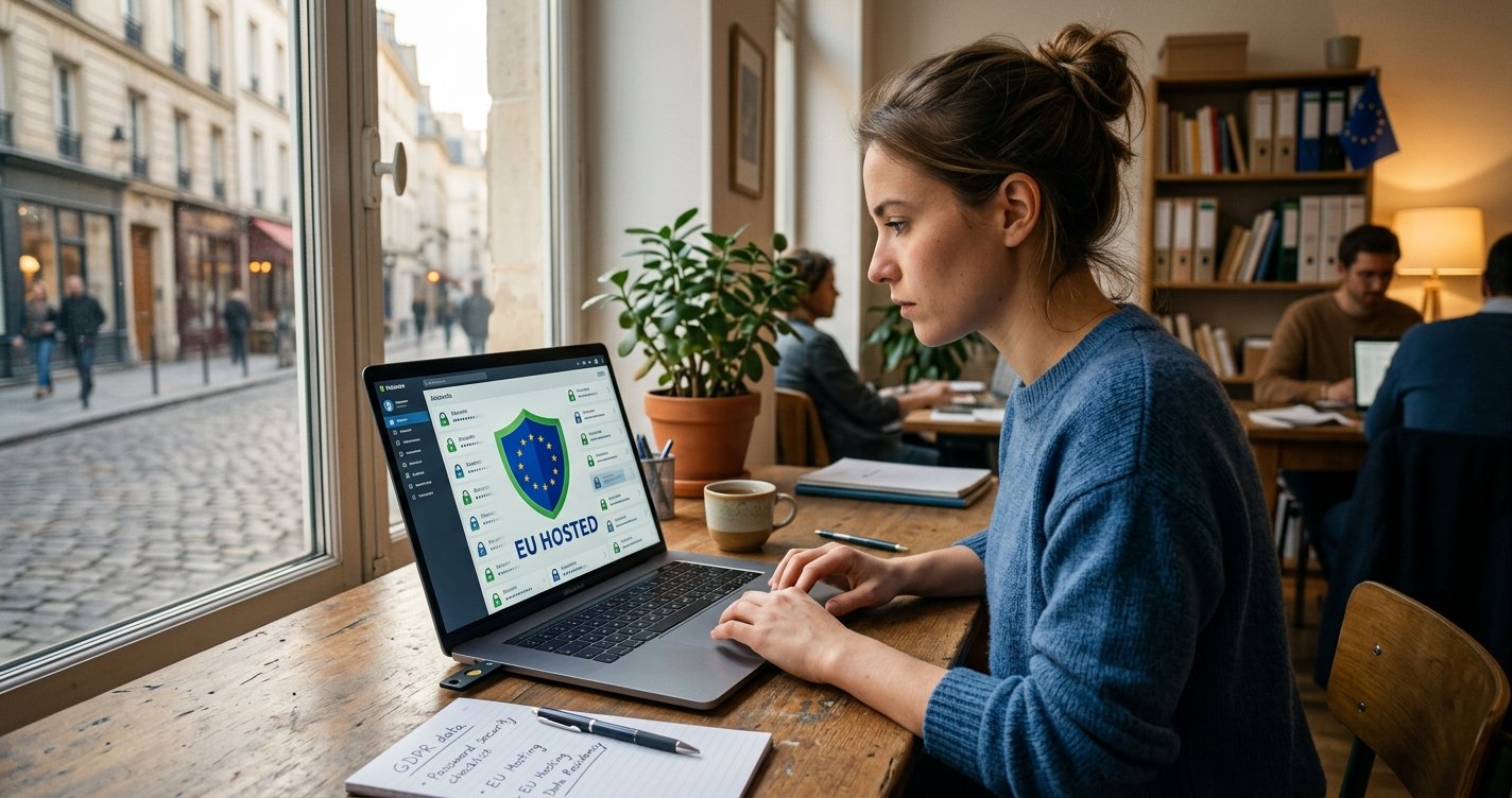 A focused businesswoman in a dark blue blazer sits at a wooden desk, working on a silver laptop. The screen shows a green padlock icon, "EU DATA RESIDENCY," and a map of Europe with markers, illustrating GDPR compliance. She is typing on the keyboard in a well-lit office by a window. A small EU flag is visible on the desk, and a cat sits on a chair in the blurred background.