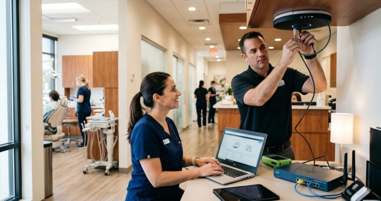 HIPAA-Compliant WiFi for Dental Offices: Secure Setup Guide An IT technician installs a ceiling-mounted WiFi access point and configures a network router on a laptop while a dental assistant watches in a modern, active dental office.