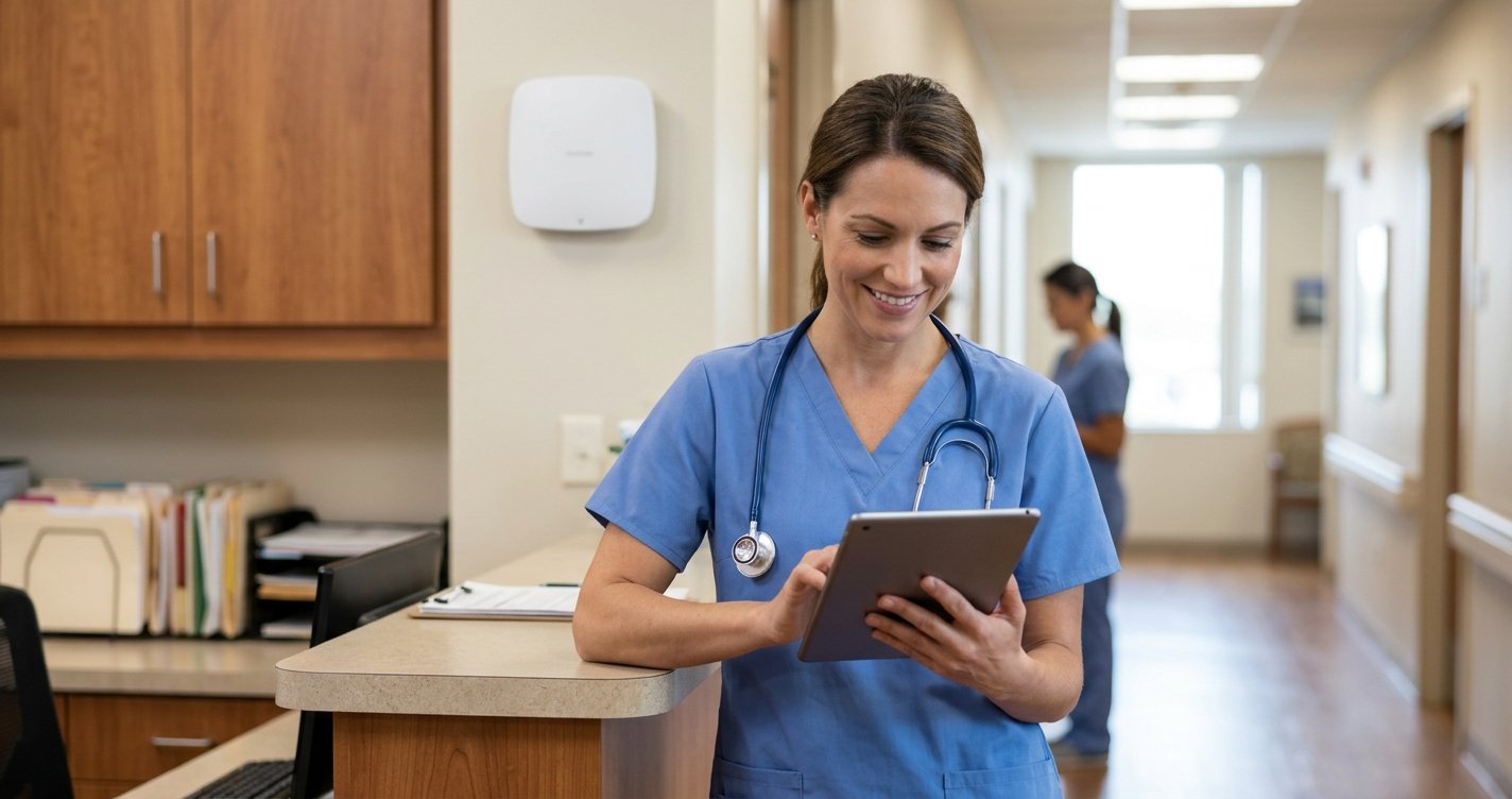 A nurse smiling while using a tablet at a clinic reception desk, with a white WiFi access point visible on the wall behind her, symbolizing easy setup for HIPAA-compliant medical WiFi.
