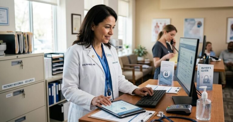 HIPAA Cybersecurity for Small Clinics: No-IT-Staff Buyer's Guide A female doctor in a small clinic reception area, smiling while working with a tablet and desktop computer, with visible "Patient Records Secured" filing cabinets and a security "Buyer's Guide" on the desk, representing a guide to data protection for medical practices without IT staff.