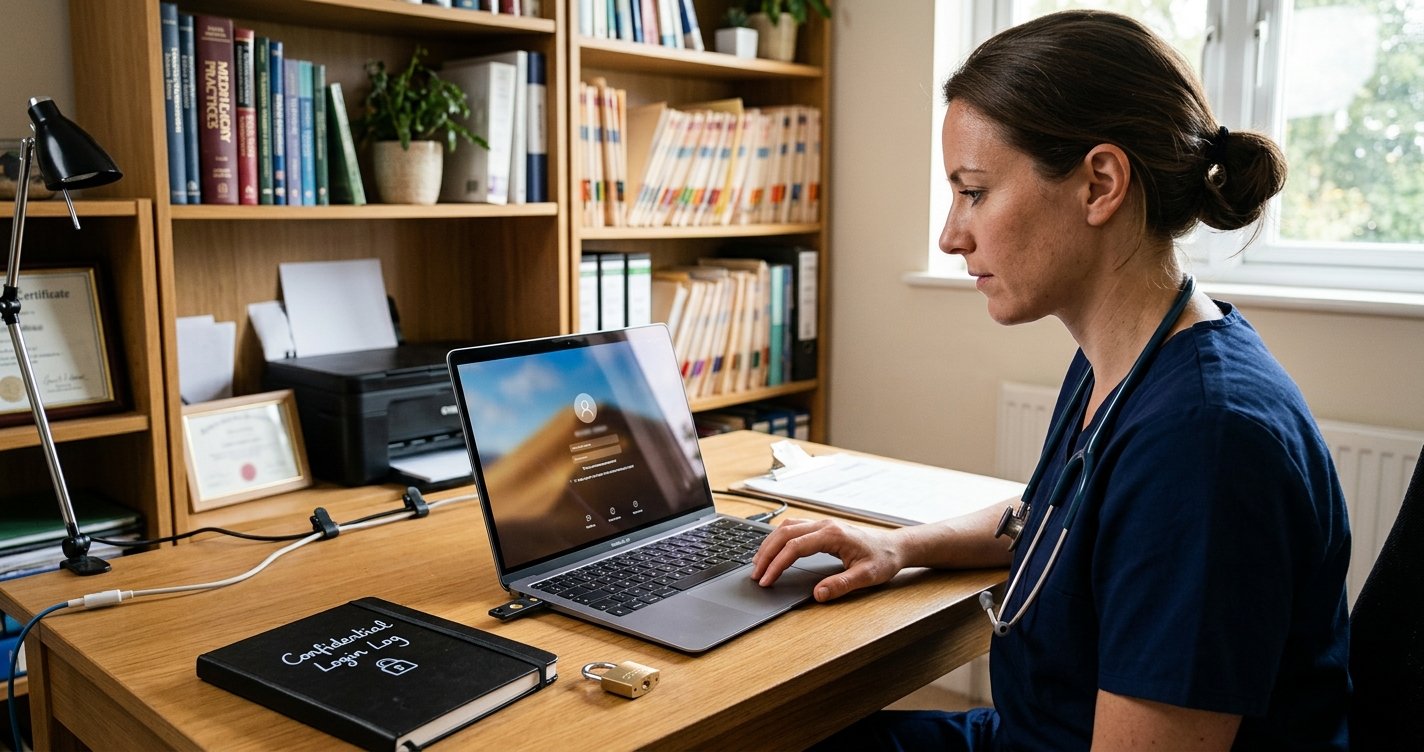 A female doctor in blue scrubs sits at a wooden desk with a stethoscope around her neck, using a laptop that displays a secure login screen. In the foreground is a notebook titled "Confidential Login Log" next to a lock, symbolizing cybersecurity. The background features bookshelves and file folders in a small practice office.