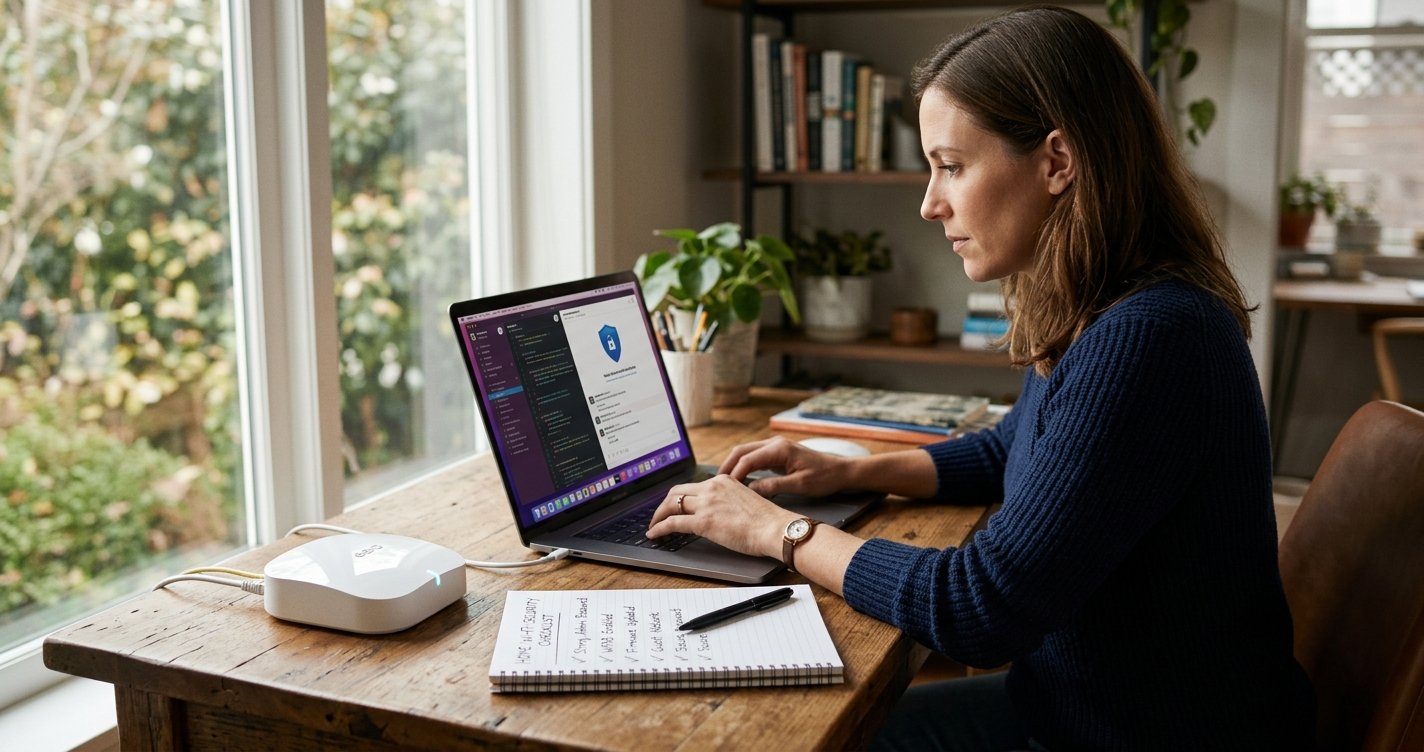 A remote worker at a wooden desk with a laptop and a Wi-Fi router, writing on a security checklist notepad in a bright home office.