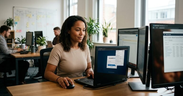 How Password Managers Stop Reused-Password Breaches for Small Businesses A small business employee at her desk securely logging into a system using a password manager pop-up to prevent reused-password breaches.
