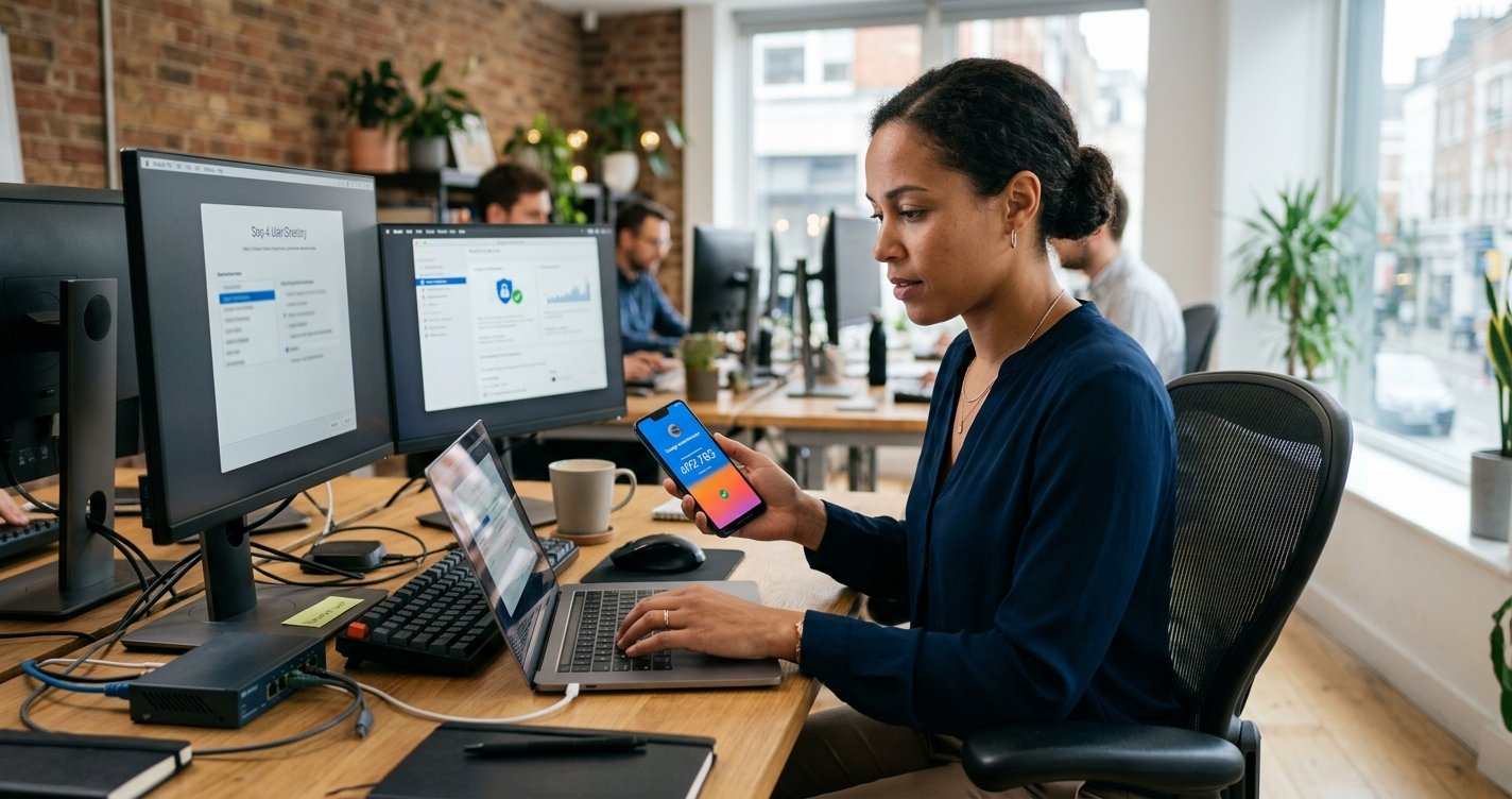 A female IT professional in a small business office environment uses a laptop and smartphone simultaneously to perform Multi-Factor Authentication (MFA) and Single Sign-On (SSO) set up. (Detailed and keyword-rich)
