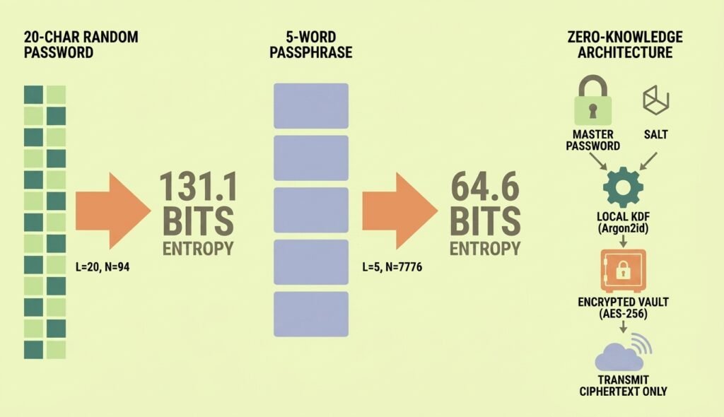 password-entropy-zero-knowledge-architecture-diagram.png Password entropy comparison and zero-knowledge encryption architecture diagram