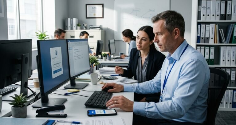 Password Managers for CPA Firms: FTC Safeguards & MFA Compliance A professional male CPA in a busy accounting office, intensely focused on a computer screen showing an MFA (Multi-Factor Authentication) login prompt, with a colleague observing and binders of client records in the background.