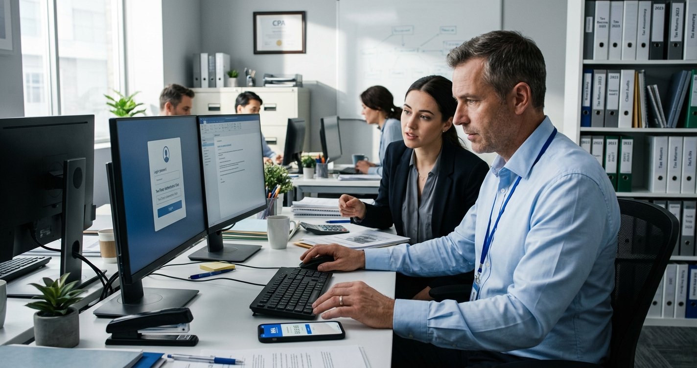 Password Managers for CPA Firms: FTC Safeguards & MFA Compliance A professional male CPA in a busy accounting office, intensely focused on a computer screen showing an MFA (Multi-Factor Authentication) login prompt, with a colleague observing and binders of client records in the background.