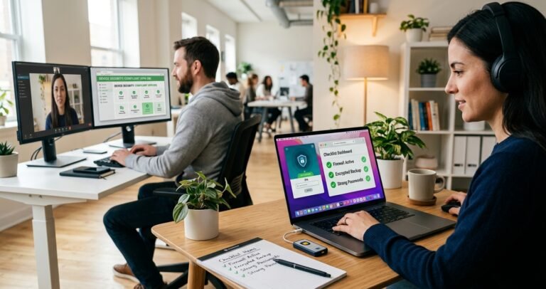Remote Team Security Checklist for Small Businesses Remote employee using a security dashboard with a checklist featuring Firewall Active, Encrypted Backup, and Strong Passwords. She is working with headphones, in a small office setting, next to a 2FA security key.