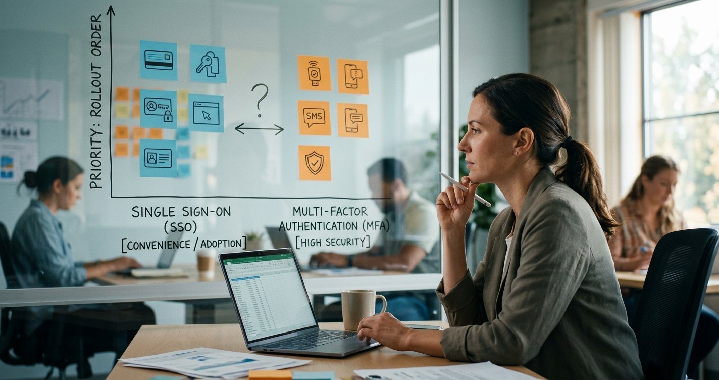 SSO vs MFA for Small Business: Which to Roll Out First in 2026 A thoughtful small business owner sitting at a desk and considering a prioritization matrix that contrasts 'Single Sign-On (SSO)' and 'Multi-Factor Authentication (MFA)' for rollout.