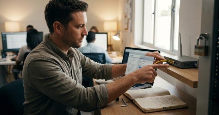 Small Business WiFi Security Checklist: 8 Fixes That Matter An IT professional configures a locked Wi-Fi router in a busy office, representing network security fixes for a small business.