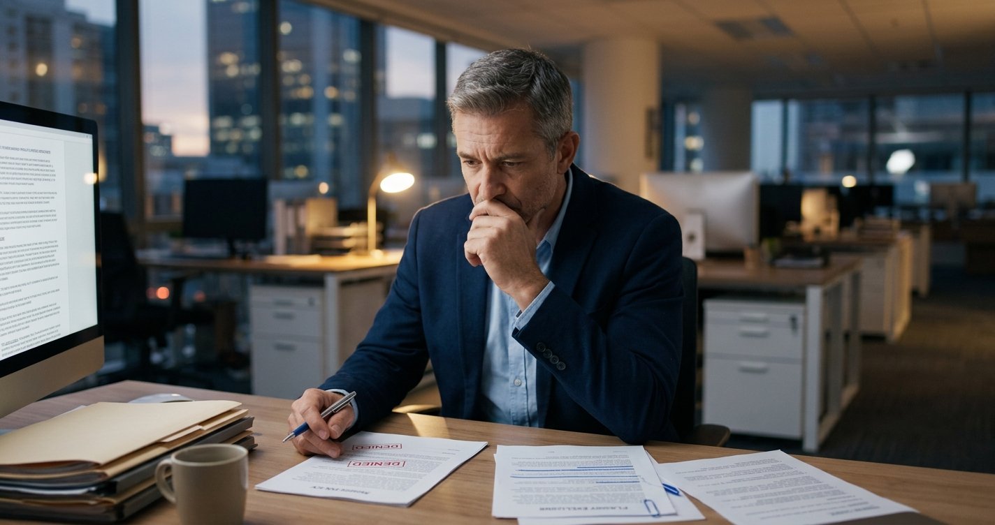 Why Your Accounting Firm's Cyber Insurance Won't Pay Out After a Breach A worried accountant or business owner sitting at a desk in a modern office at night, looking at a insurance document with multiple prominent red "DENIED" stamps. A computer monitor and city skyline are visible in the background.