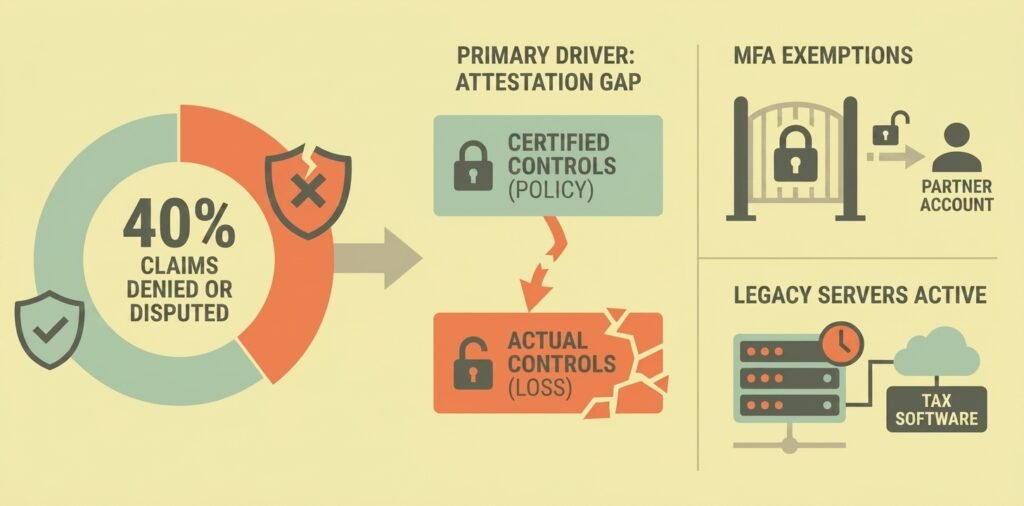 Why Your Accounting Firm's Cyber Insurance Won't Pay Out After a Breach Chart showing 40% of cyber claims denied due to attestation gap