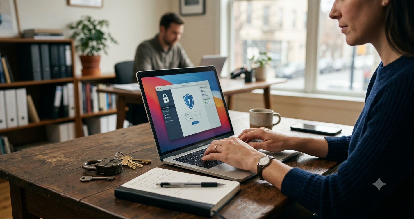 Top 7 Open Source Password Managers for Small Business in 2026 A small business owner secures business data with an open-source password manager