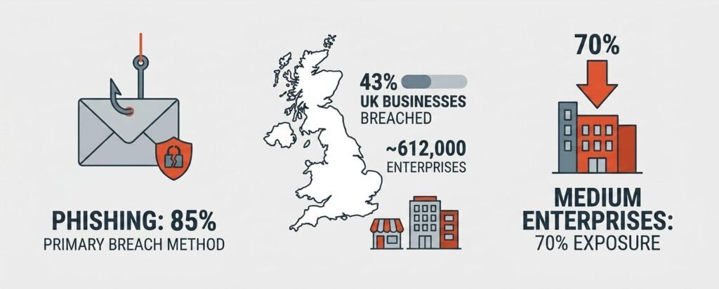 cyber security companies for UK SMEs: UK small business cyber breach statistics: 43% breached, phishing entry vector, medium enterprise exposure