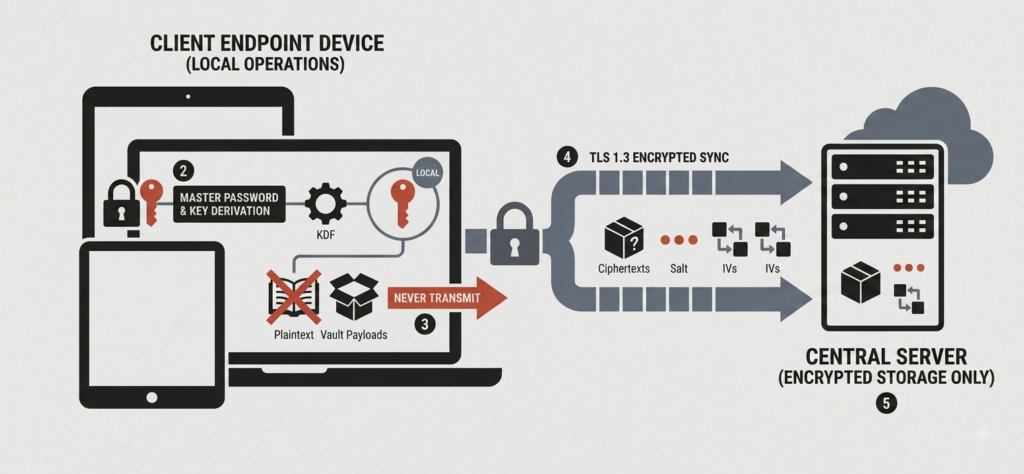 Top 7 Open Source Password Managers for Small Business in 2026 open source password managers for small business. Zero-knowledge encryption flow from client device to encrypted central server