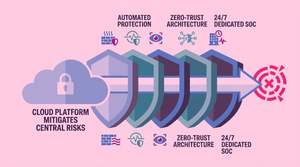 Cloud vs Self-Hosted Password Manager: Safer for Small Business, No IT Team Diagram showing how cloud platforms layer defenses against cyberattacks