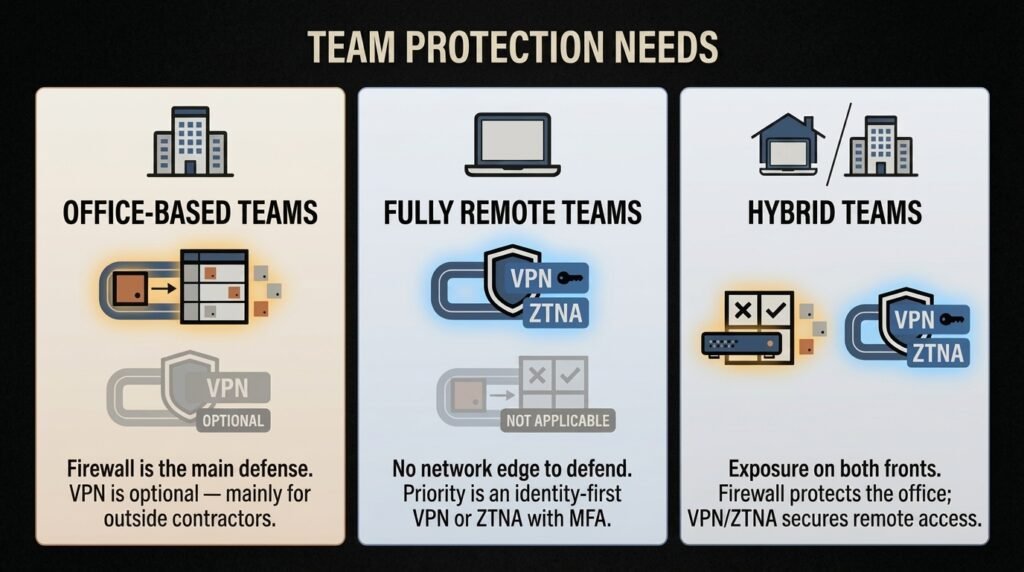 Firewall or VPN: Which Does Your Small Business Actually Need? Chart matching firewall and VPN needs to office, remote, and hybrid teams
