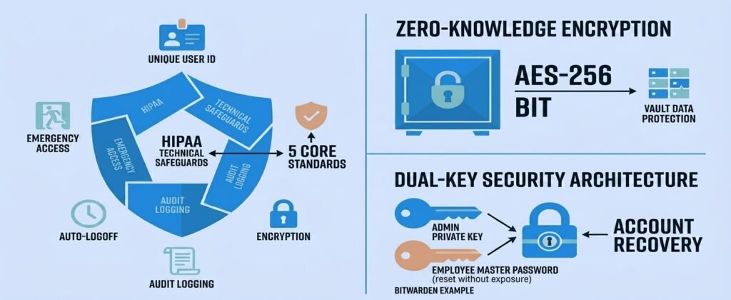 HIPAA technical safeguards shield diagram with Bitwarden's zero-knowledge encryption model