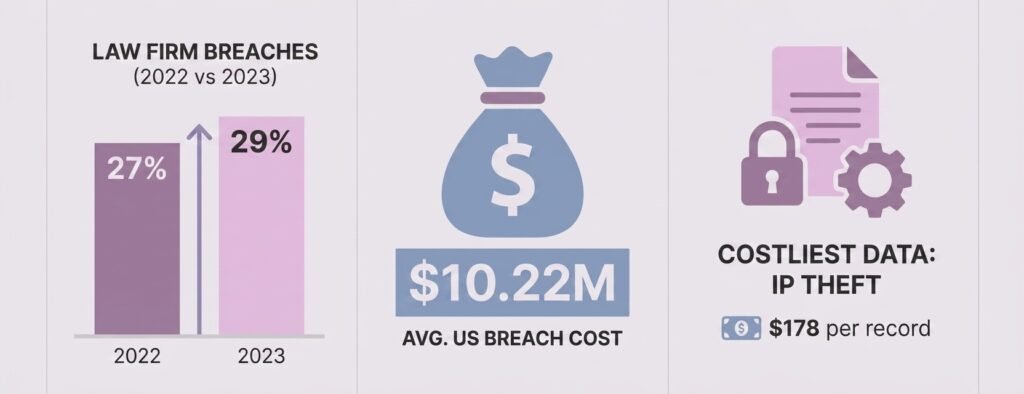 Among the ways law firms can prevent client data breaches, understanding the trend matters: breach rate rose to 29% in 2023; average US breach cost $10.22 million