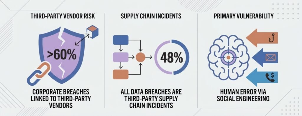 60% of breaches involve third-party vendors; human error drives most social engineering attacks