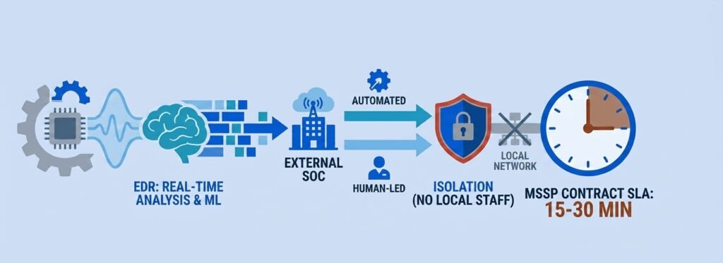 HIPAA Cybersecurity for Small Clinics: No-IT-Staff Buyer's Guide Diagram of automated ransomware isolation flow through managed detection and response